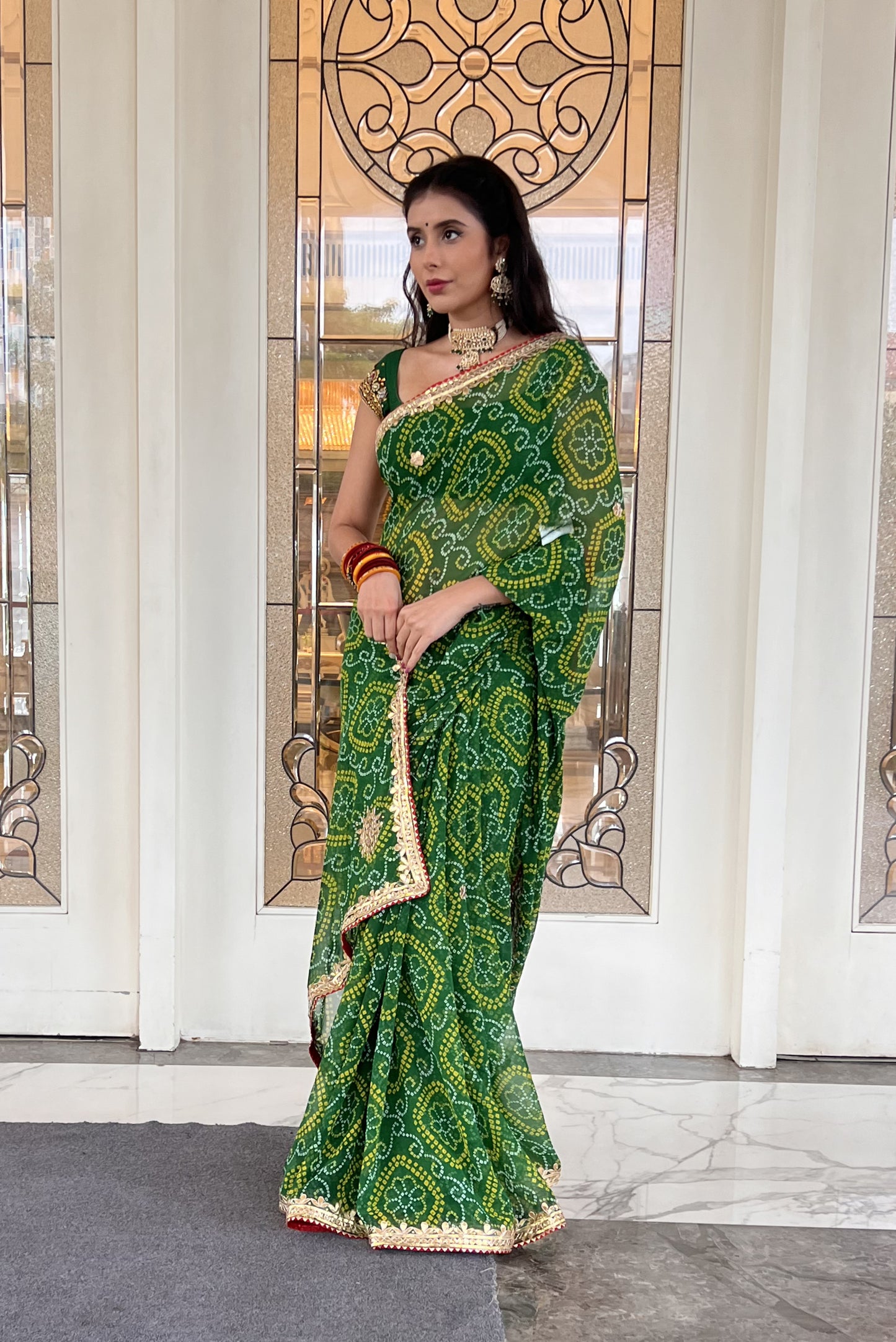 Authentic Rajasthani green Chunri Saree with Gota patti work and a blouse piece