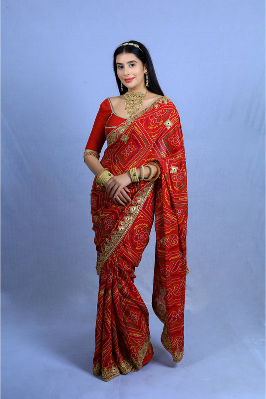 Beautiful red Chunri Saree with authentic Rajasthani Maharaani look and same fabric blouse