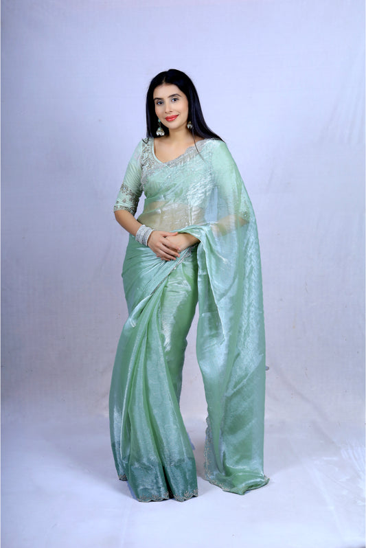 Sea green organza silk saree with diamond work and same fabric blouse