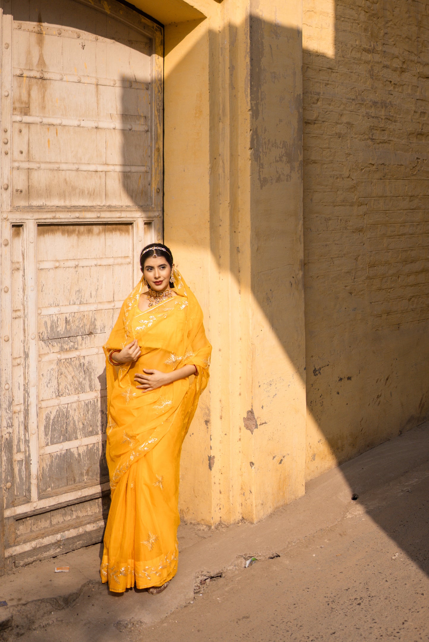 Yellow chiffon saree authentic, Rajasthani gota patti work