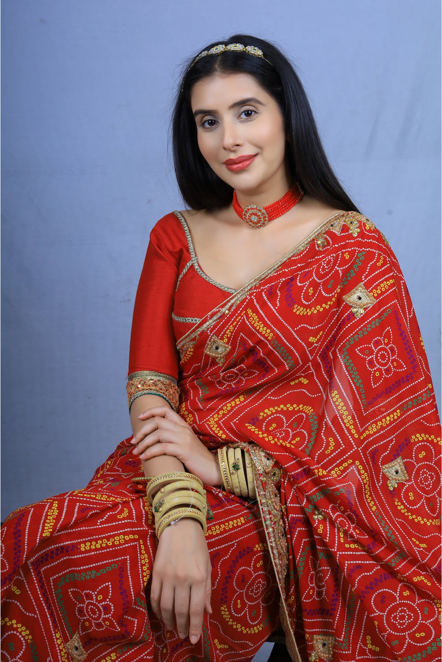 Beautiful red Chunri Saree with authentic Rajasthani Maharaani look and same fabric blouse