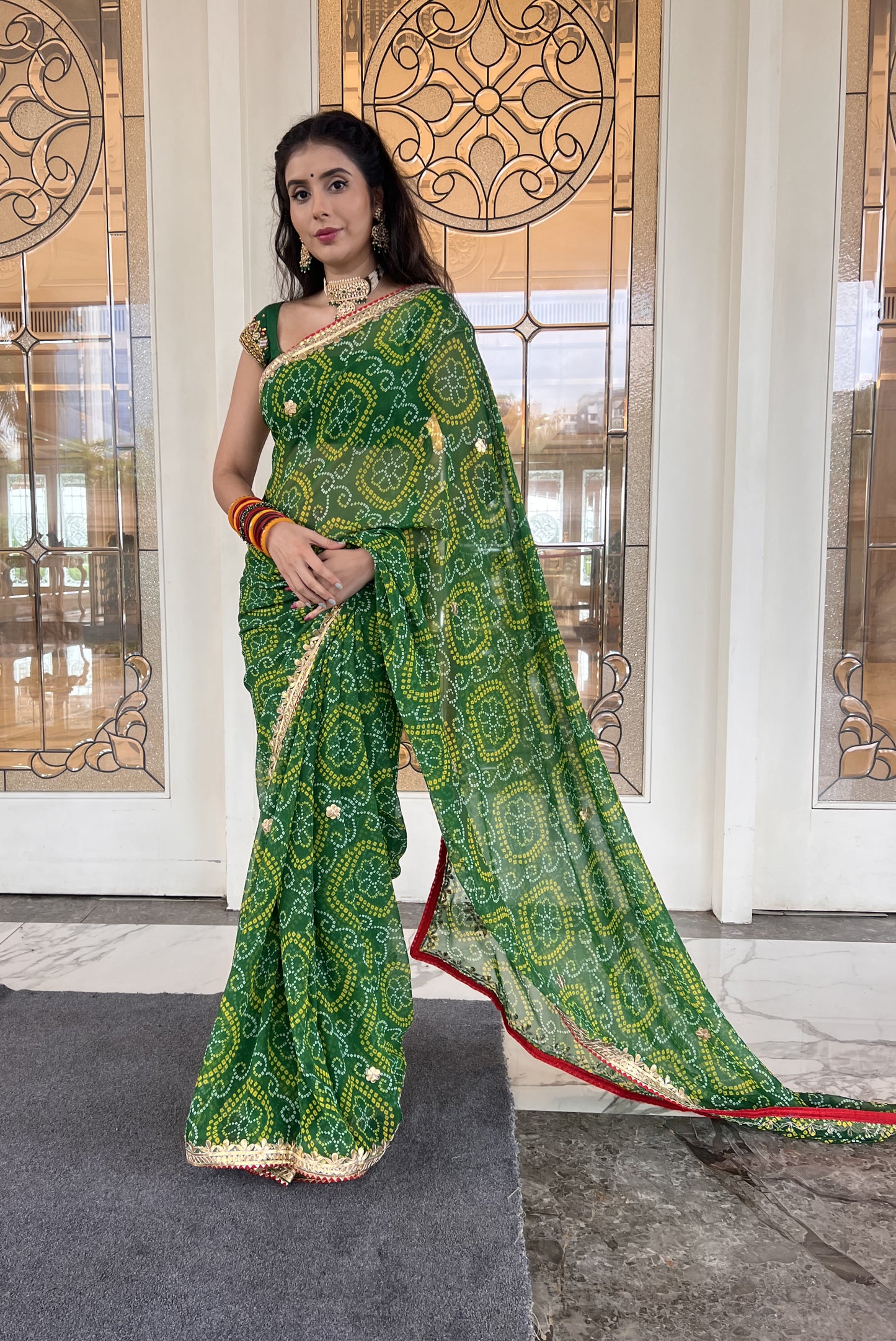 Authentic Rajasthani green Chunri Saree with Gota patti work and a blouse piece