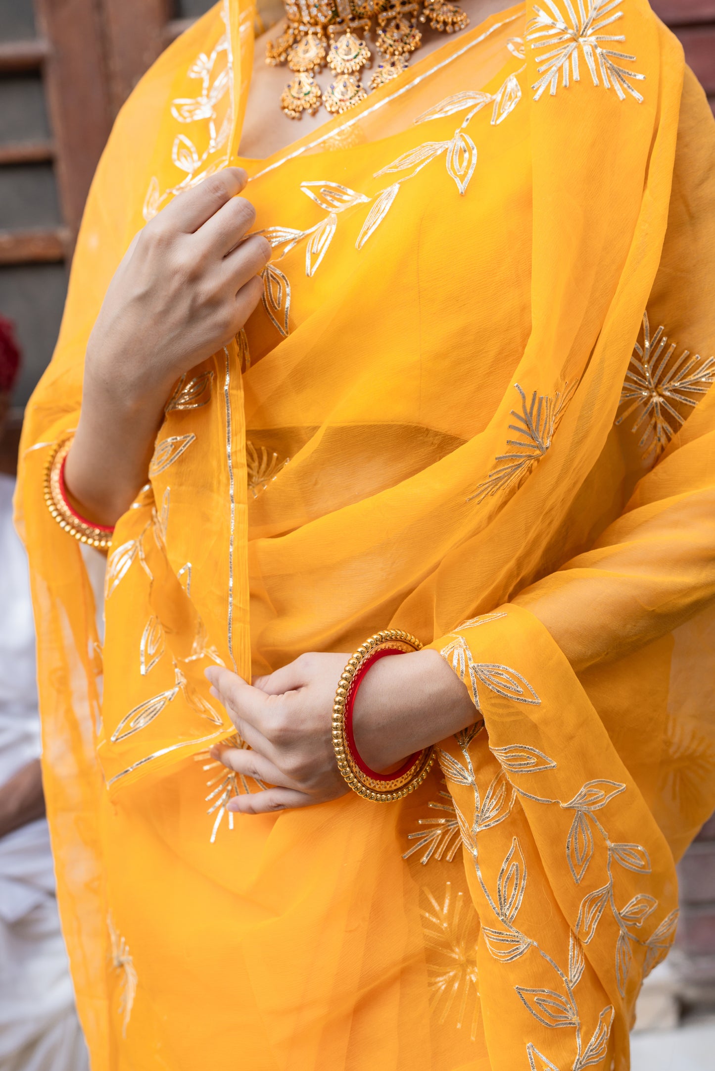 Yellow chiffon saree authentic, Rajasthani gota patti work