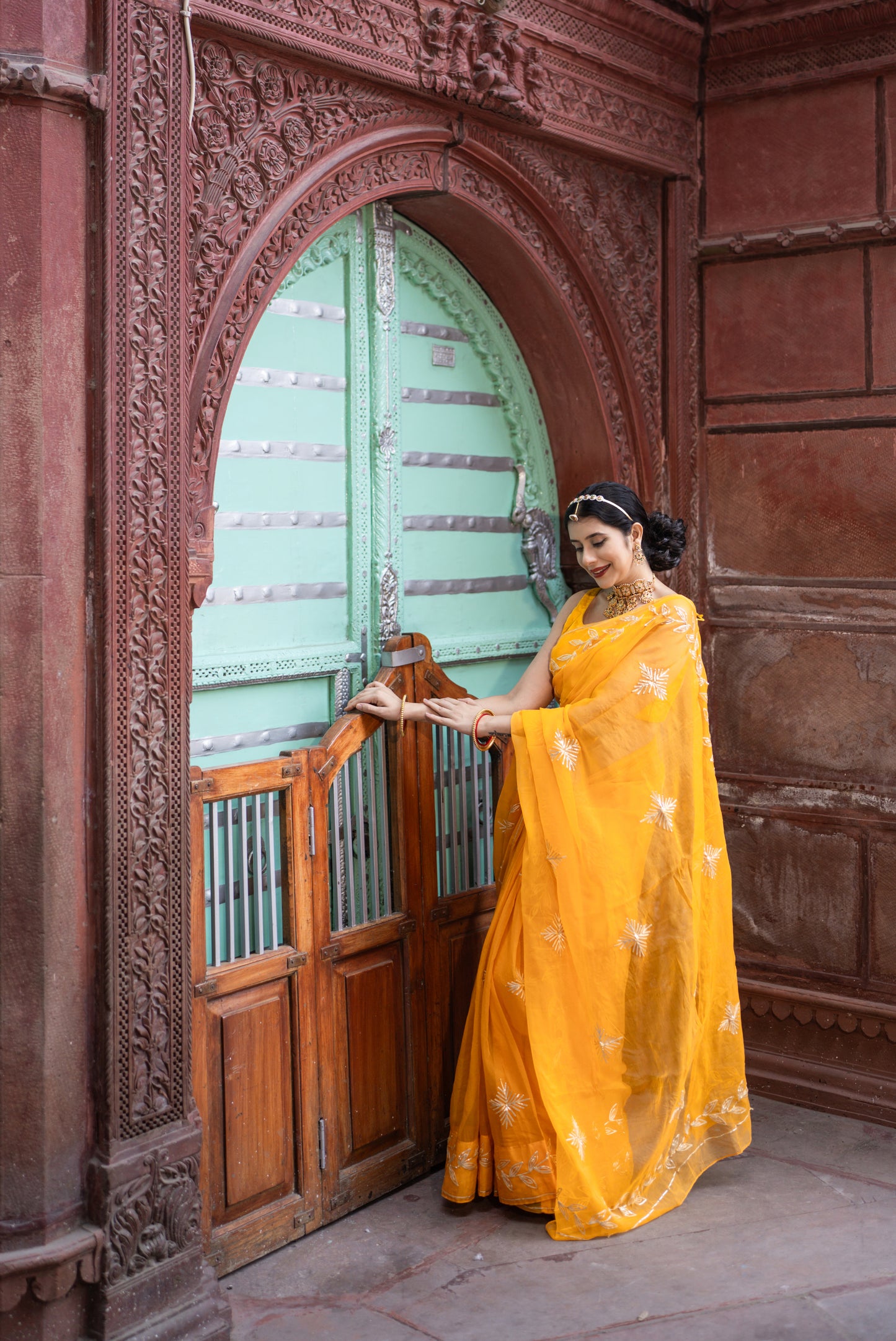 Yellow chiffon saree authentic, Rajasthani gota patti work