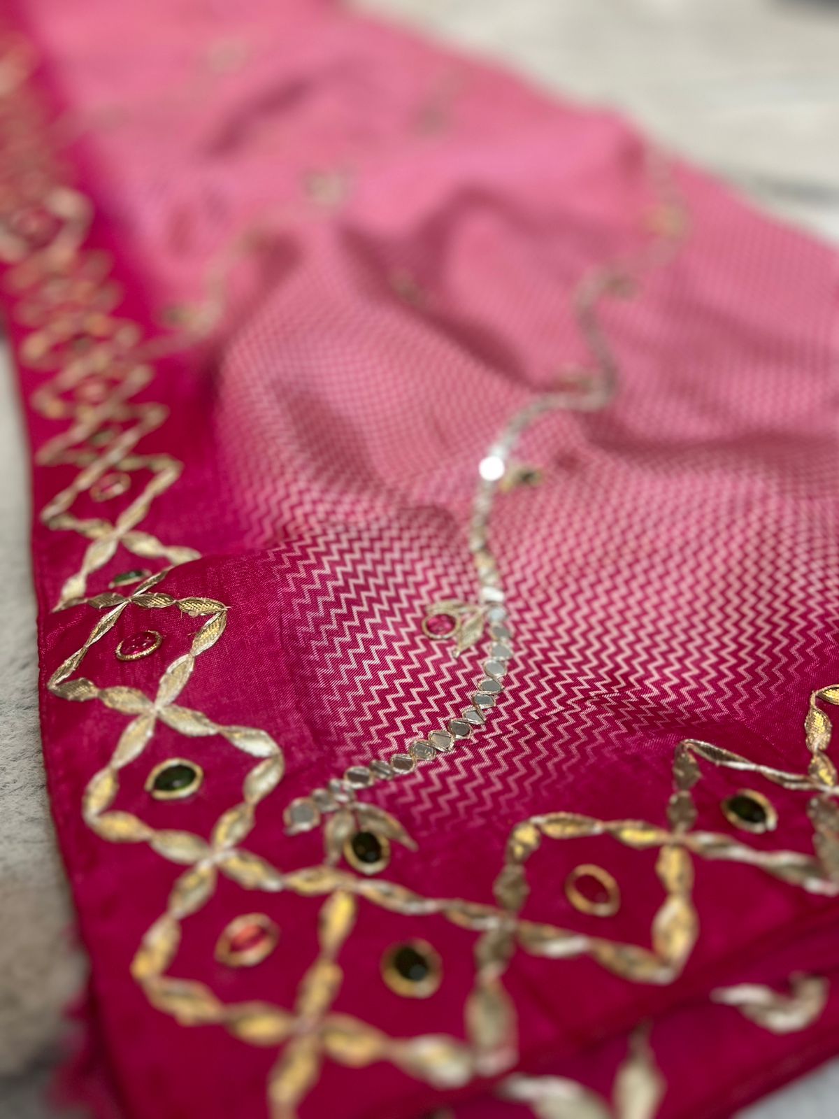 Pure Crêpe Designer Saree with Mirror and Gota work and Magenta Pink Heavy Work Blouse Peice