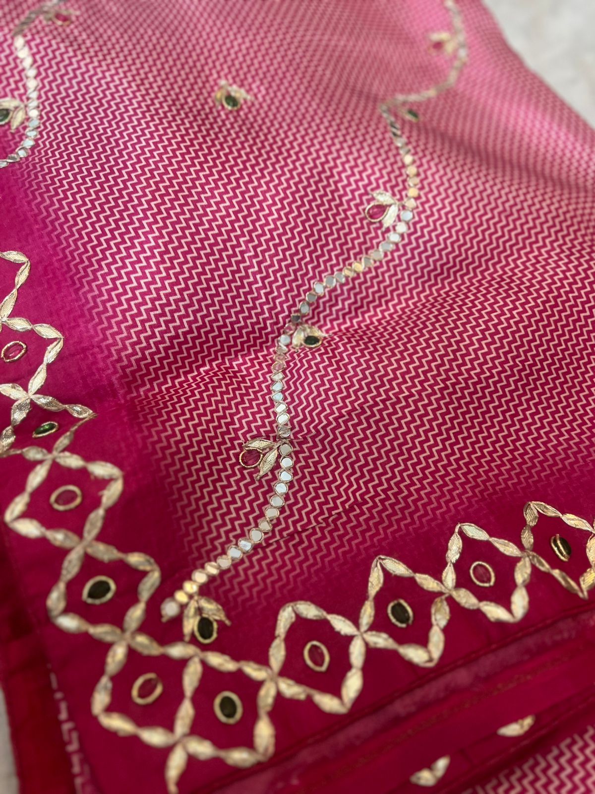Pure Crêpe Designer Saree with Mirror and Gota work and Magenta Pink Heavy Work Blouse Peice