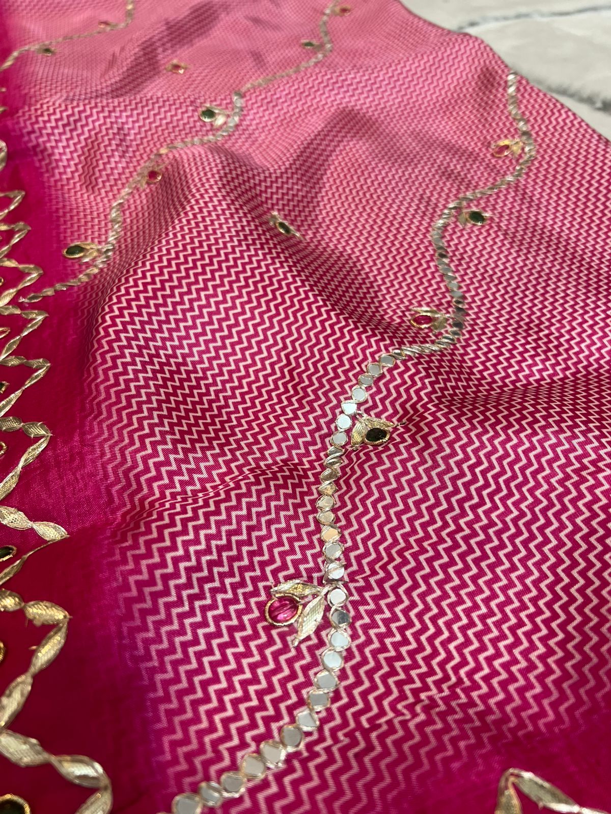Pure Crêpe Designer Saree with Mirror and Gota work and Magenta Pink Heavy Work Blouse Peice