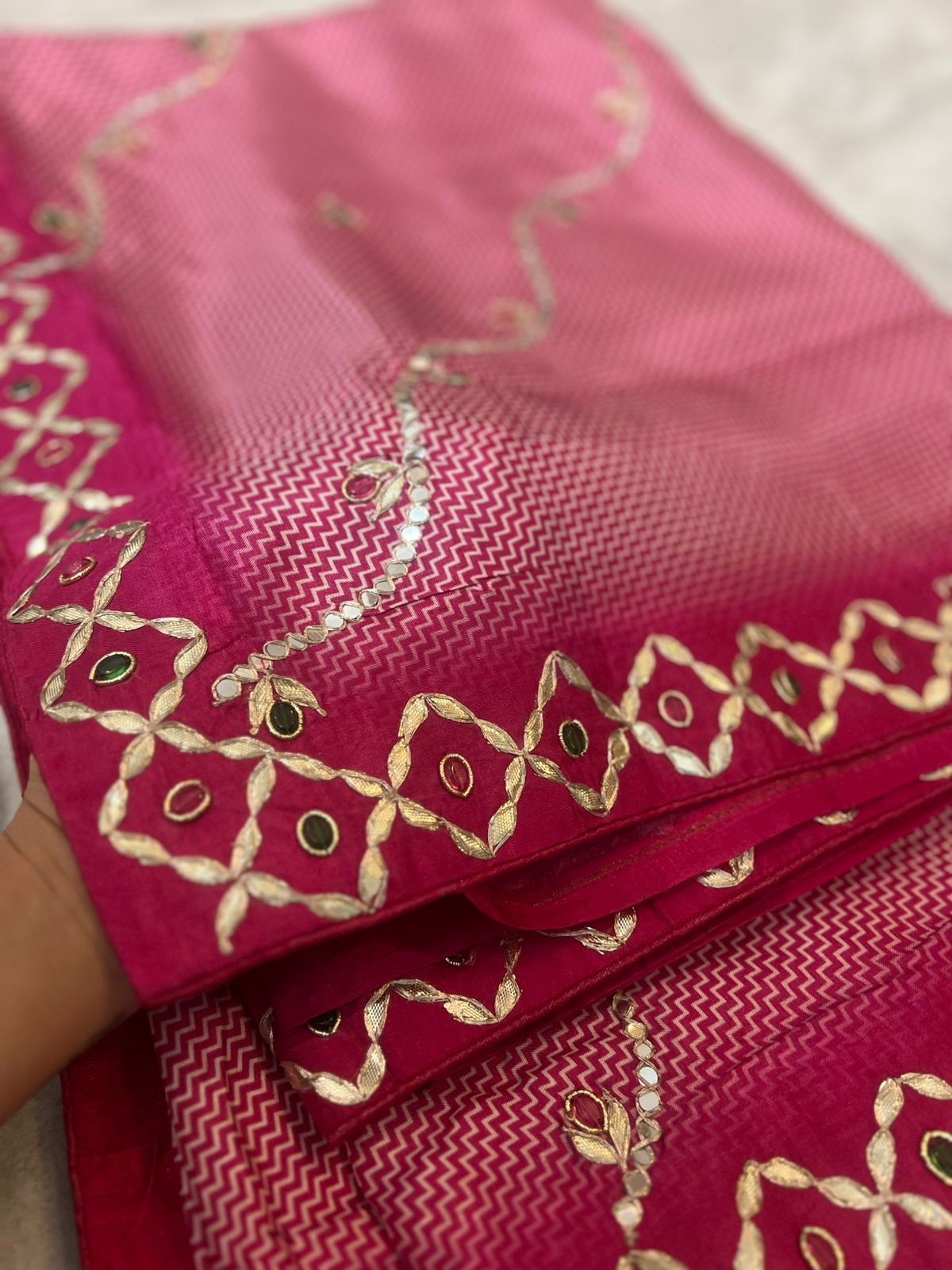 Pure Crêpe Designer Saree with Mirror and Gota work and Magenta Pink Heavy Work Blouse Peice