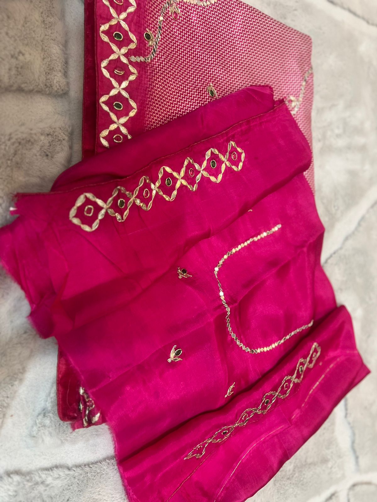 Pure Crêpe Designer Saree with Mirror and Gota work and Magenta Pink Heavy Work Blouse Peice
