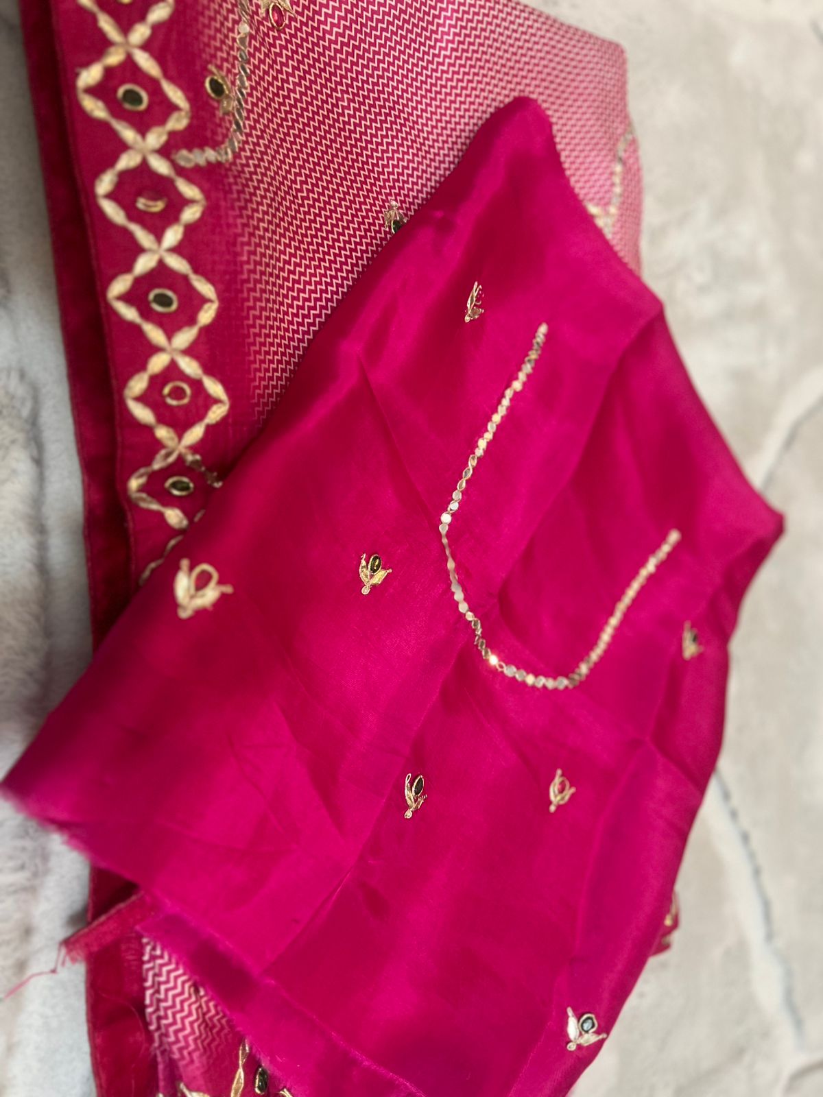 Pure Crêpe Designer Saree with Mirror and Gota work and Magenta Pink Heavy Work Blouse Peice