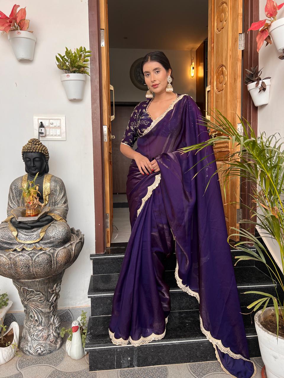 Purple Fendy Tissue Silk Designer Sari with Fendy Tissue Silk Designer Kaanchli Blouse