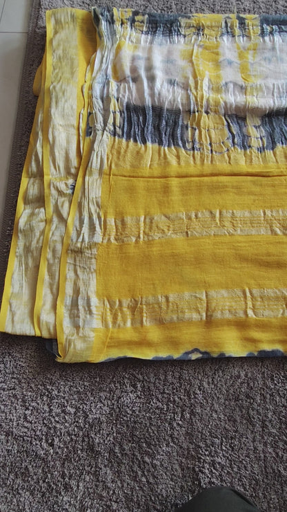 Beautiful Yellow and Black Designer Linen Cotton Saree