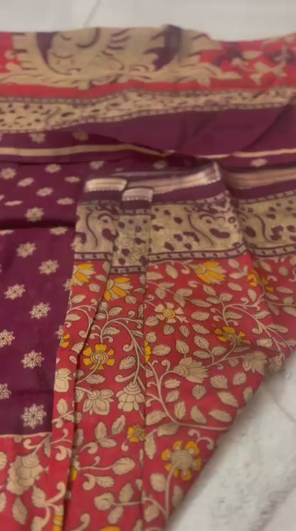 Beautiful Pure Malmal Red and Wine Combination Saree with Thread Zari Work