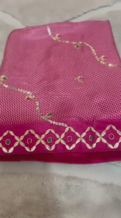 Pure Crêpe Designer Saree with Mirror and Gota work and Magenta Pink Heavy Work Blouse Peice
