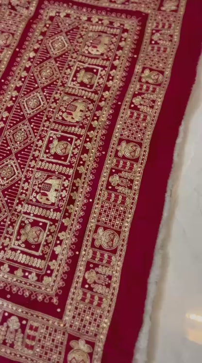 Beautiful Blood Red Modal Silk Saree with Heavy Zardozi Work and Blouse Piece. (Karwa Chauth Special)