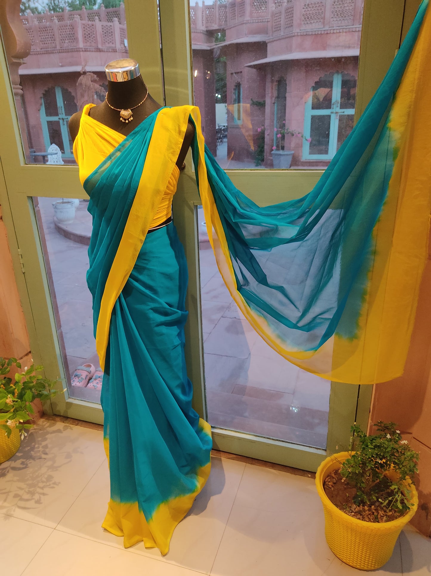 Beautiful Yellow and Sea Green Chiffon Saree