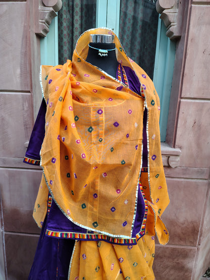 Beautiful Purple Cotton Poshak with Cotton Hand Bandhej Orange Odhna (Size:- L)