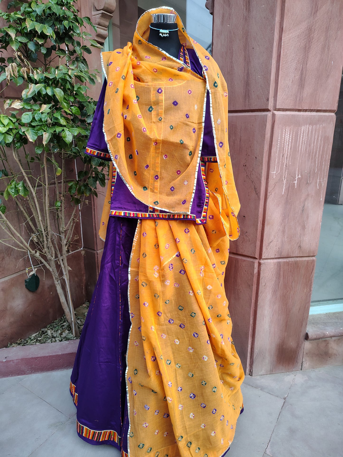 Beautiful Purple Cotton Poshak with Cotton Hand Bandhej Orange Odhna (Size:- L)