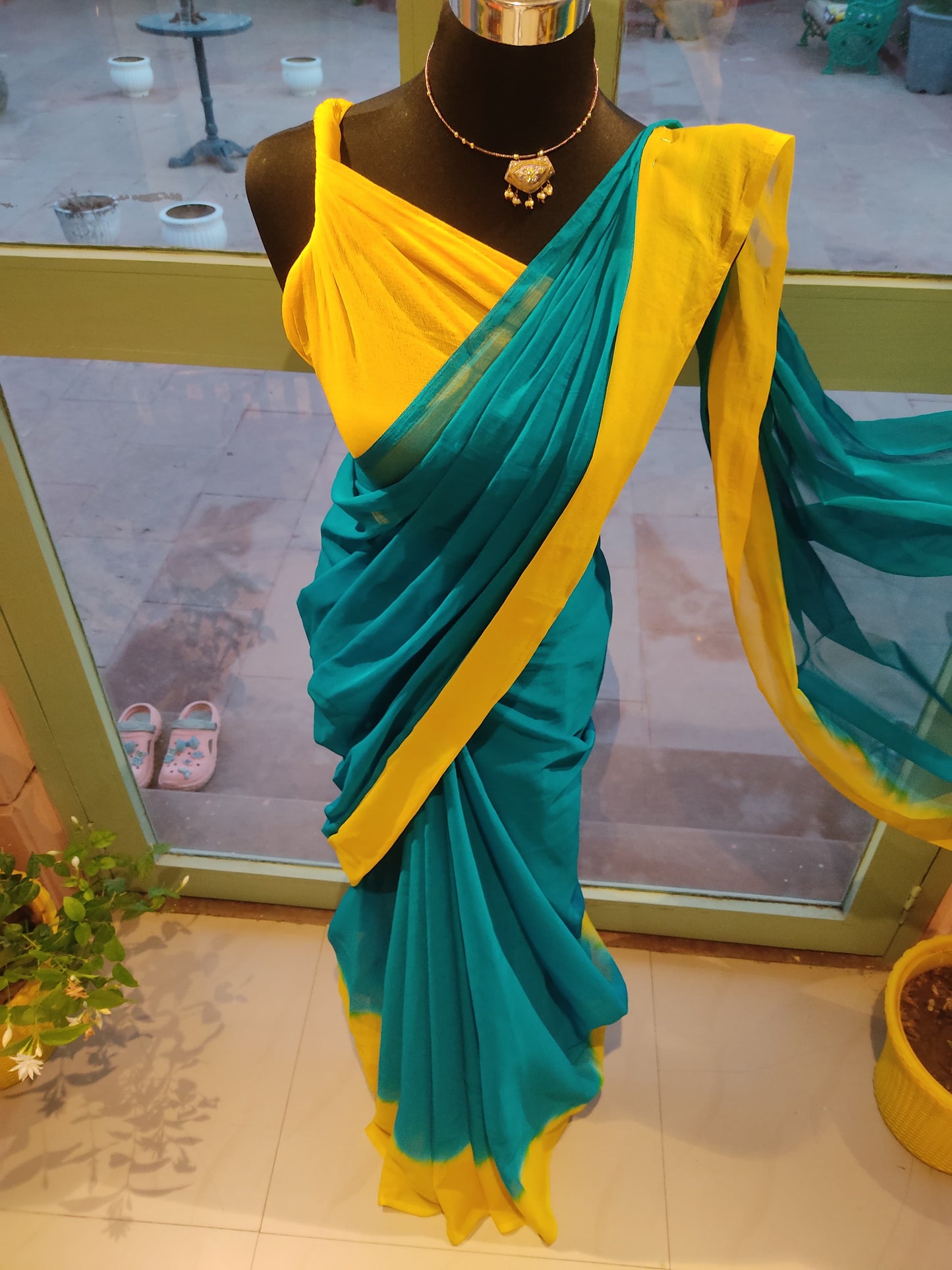 Beautiful Yellow and Sea Green Chiffon Saree