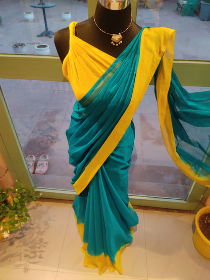 Beautiful Yellow and Sea Green Chiffon Saree