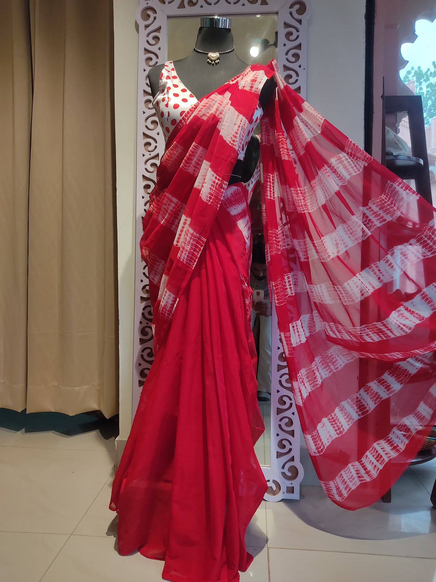 Beautiful Red Lahariya Chiffon Saree