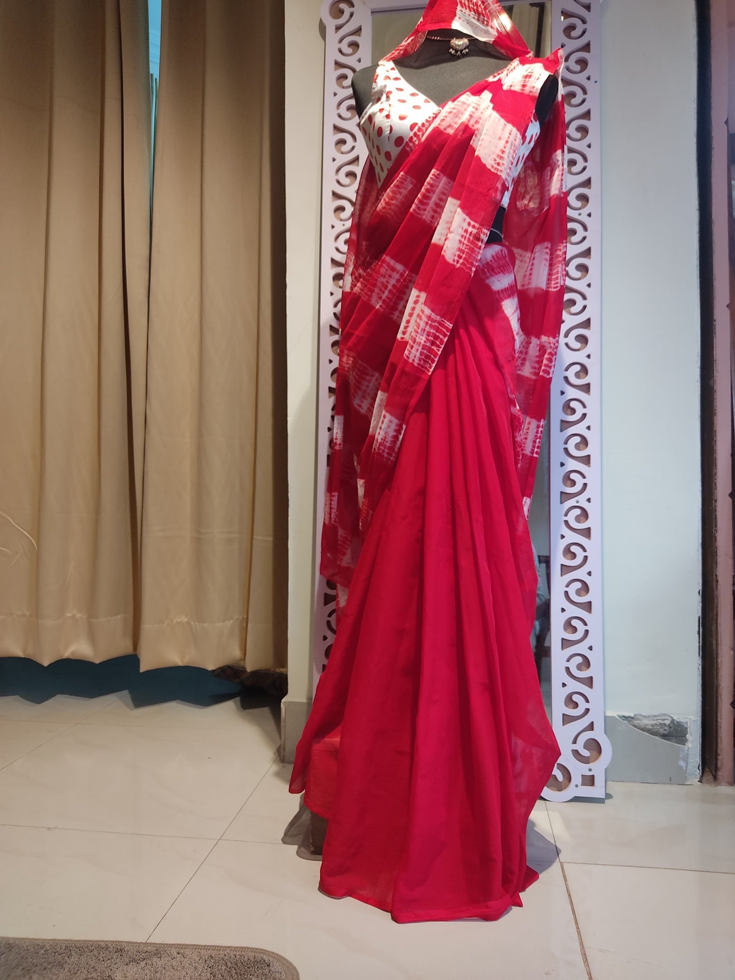Beautiful Red Lahariya Chiffon Saree