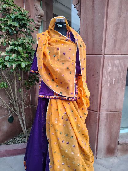 Beautiful Purple Cotton Poshak with Cotton Hand Bandhej Orange Odhna (Size:- L)