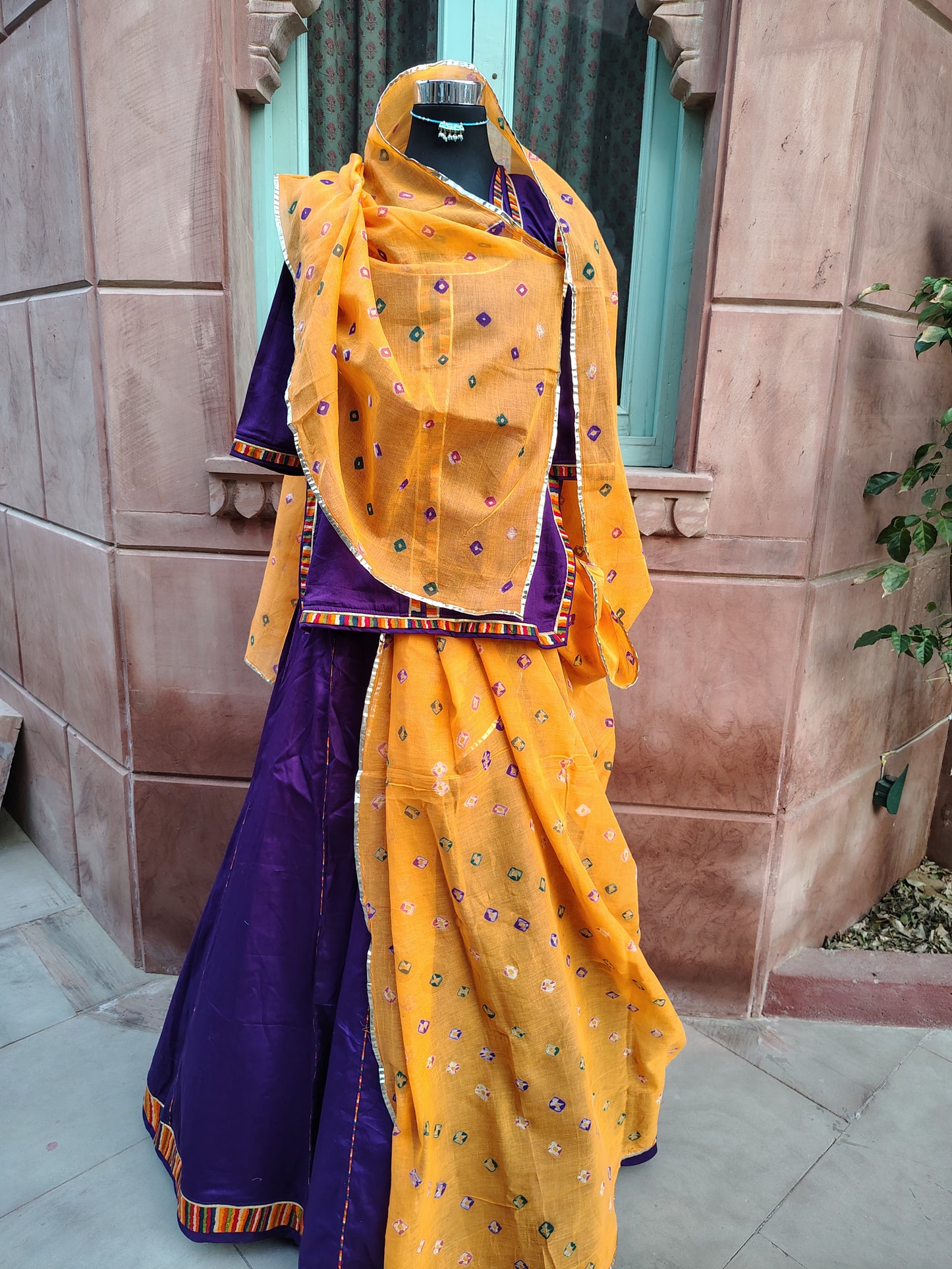Beautiful Purple Cotton Poshak with Cotton Hand Bandhej Orange Odhna (Size:- L)