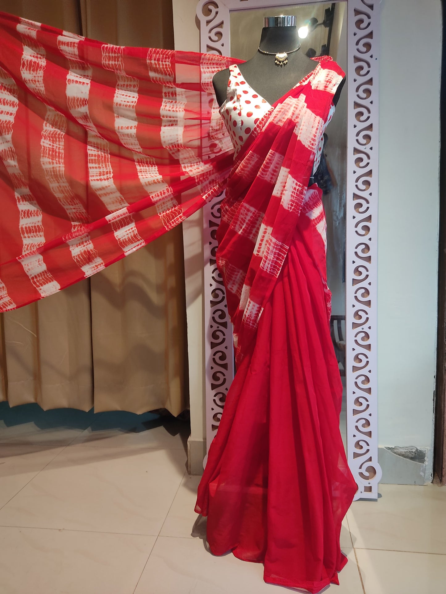Beautiful Red Lahariya Chiffon Saree