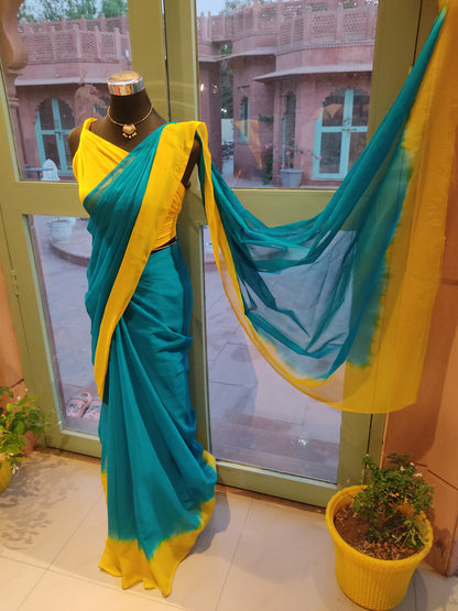Beautiful Yellow and Sea Green Chiffon Saree