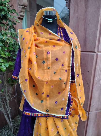 Beautiful Purple Cotton Poshak with Cotton Hand Bandhej Orange Odhna (Size:- L)