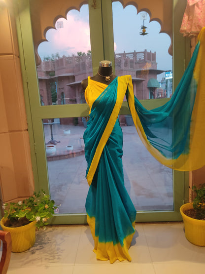 Beautiful Yellow and Sea Green Chiffon Saree
